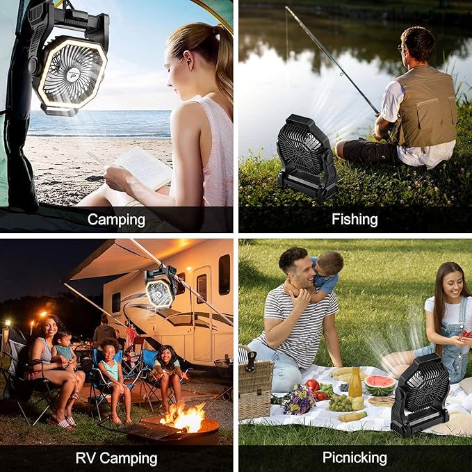 Odoland Camping Fan with LED Lantern, 20000mAh Rechargeable Battery Operated Fan, Portable Outdoor Light with Rotation Hook for Picnic Power Outage Hurricane Emergency Home Patio, Black