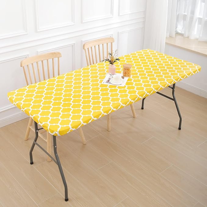 Smiry Rectangle Picnic Table Cover, Waterproof Elastic Fitted Camping Tablecloths for 6 Foot Tables, Wipeable Flannel Backed Vinyl Tablecloth Protector for Indoor, Outdoor (Yellow, 36x72 Inches)