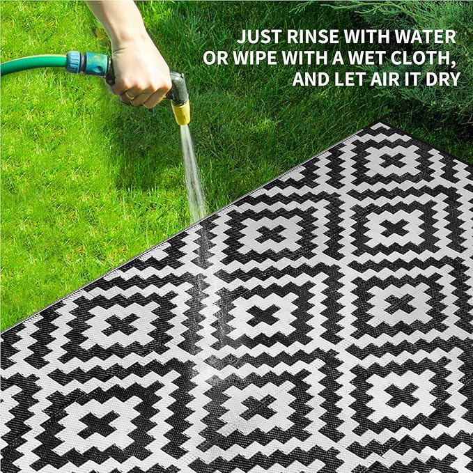 Outdoor Patio Plastic Straw Rug - 9'x18' Outdoor Camping Rug Waterproof Reversible, Area Carpet Patios Clearance RV, Outside Porch Balcony Deck for Camper, Black & White