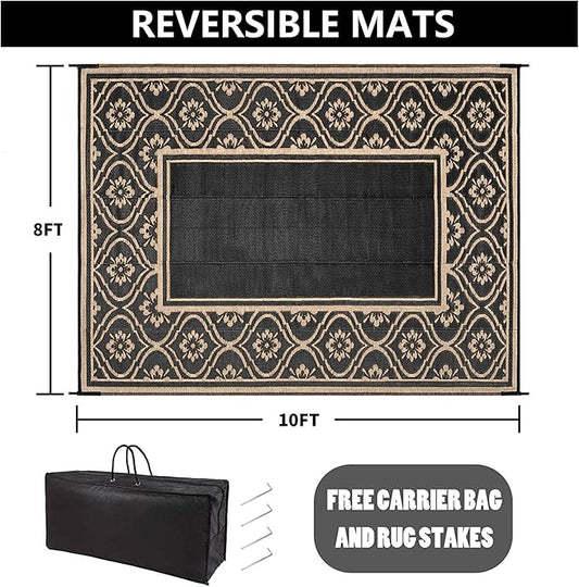 Outdoor Rug 8x10 Patio Waterproof Mat Camping Carpet Outside Area Rug Reversible Brown Rugs for RV Deck Entryance Porch Picnic Balcony Beach