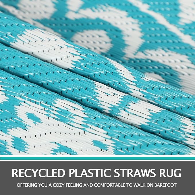 Capslpad 5Ft Round Outdoor Rug for Patio Reversible Mat Waterproof Plastic Straw Rug Boho Circle Indoor Outside Area Rug for RV Camping Picnic Pool Tent Balcony Beach Deck Doormats Decor, Teal