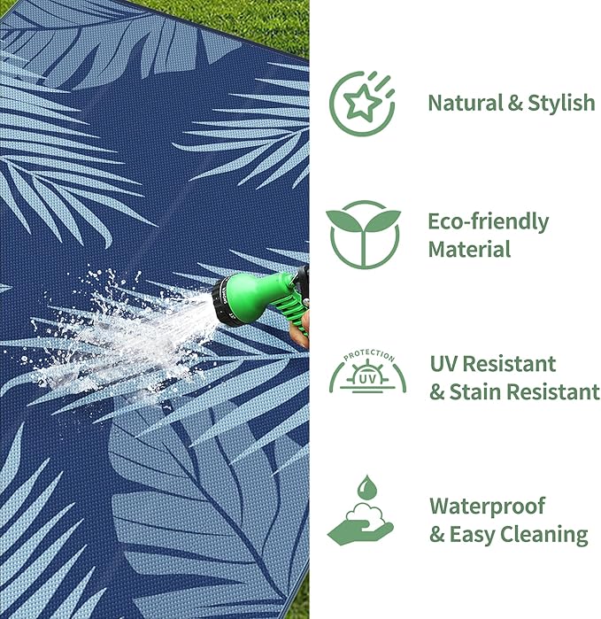 GENIMO Outdoor Rug 10' x 14' Waterproof for Patios Clearance, Reversible Outdoor Plastic Straw Camping Rug Carpet, Large Area Rugs Mats for RV, Camper, Deck, Balcony, Porch, Beach, Navyblue&Babyblue