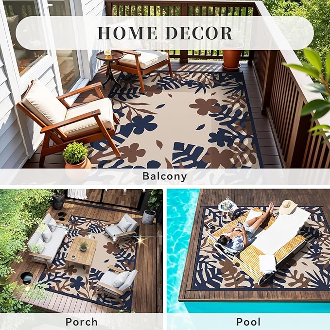 MontVoo Outdoor Rug Waterproof 6x9 ft RV Outdoor Rug for Camping Picnic Mat Outdoor Patio Rug Carpet Plastic Straw Reversible Floral Navy Orange