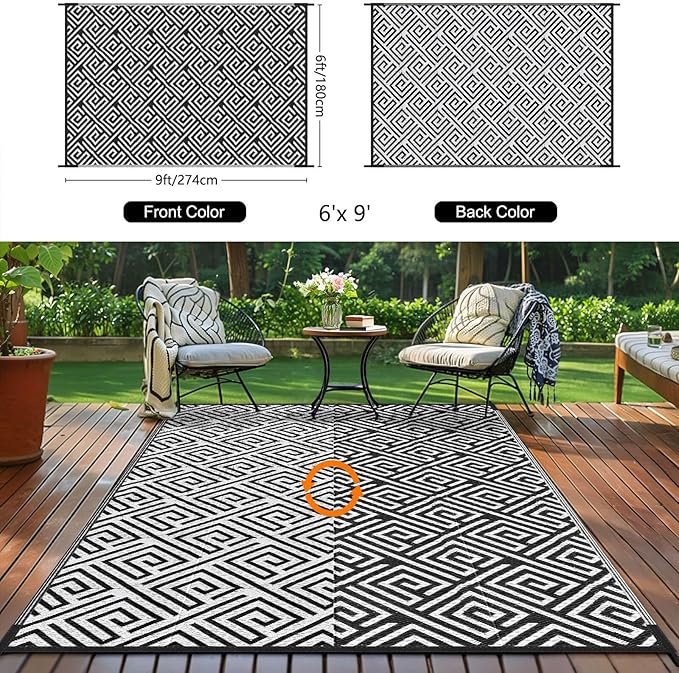 Outdoor Patio Plastic Straw Rug - 6'x9' Outdoor Camping Rug Waterproof Reversible, Area Carpet Patios Clearance RV, Outside Porch Balcony Deck for Camper, Stripe Black & White