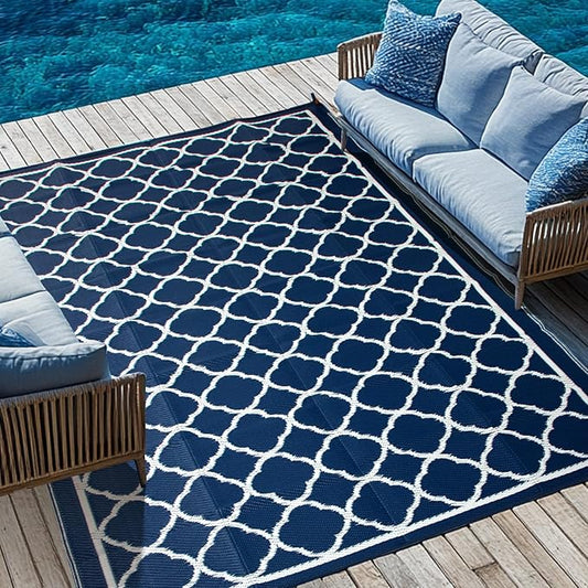 Waterproof Outdoor Rug 6x9 ft, Reversible Plastic Straw Rug, Easy to Clean Patio Rug, Portable Carpet for Patio, RV, Deck, Balcony, Backyard, Picnic, Beach, Clover, Navy Blue