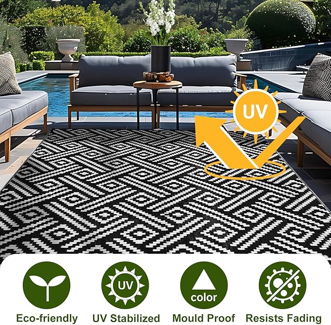 OPPODREAM Outdoor Rug 8x10 Patio Waterproof, Large Outdoor Plastic Straw Rug, Reversible Out Door Carpet for Camping, Deck, Rv, 8 x 10 Area Carpet for Balcony, Porch, Backyard, Black and White