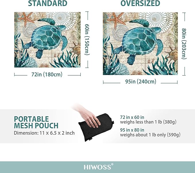 Beach Blanket Waterproof Sandproof Oversized 95”x 80”,Sand Free Beach Mat with Corner Pockets,Portable Mesh Bag for Beach Festival,Picnic,Travel and Outdoor Camping (Seaturtle)