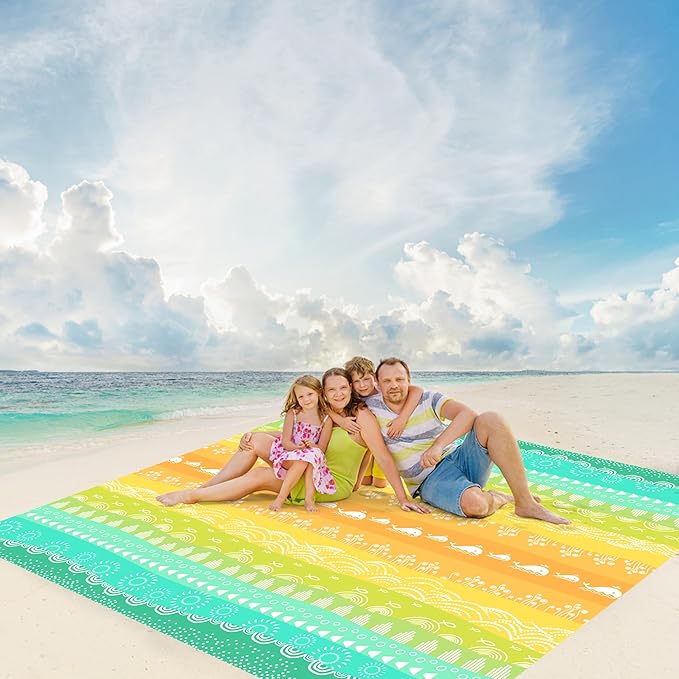 Beach Blanket Waterproof Sandproof, Large Lightweight Quick Dry Beach Mat with Storage Bag & Stakes, Portable Sand Free Picnic Blanket with Corner Pockets, Beach Vacation Essentials for Family, Friend