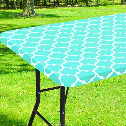 Smiry Rectangle Picnic Table Cover, Waterproof Elastic Fitted Camping Tablecloths for 8 Foot Tables, Wipeable Flannel Backed Vinyl Tablecloth Protector for Indoor, Outdoor (Teal, 36x96 Inches)