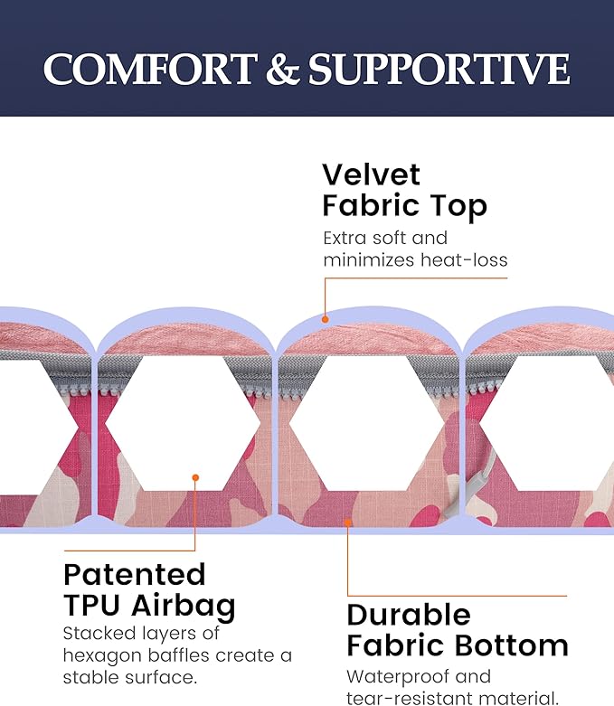 Inflatable Sleeping Pad for Camping, Extra-Thick 4.75 Inch Air Mattress with Soft Cotton Top, Machine Washable, Family Lightweight 4-Season Pad for Camping, Traveling & Hiking, Pink