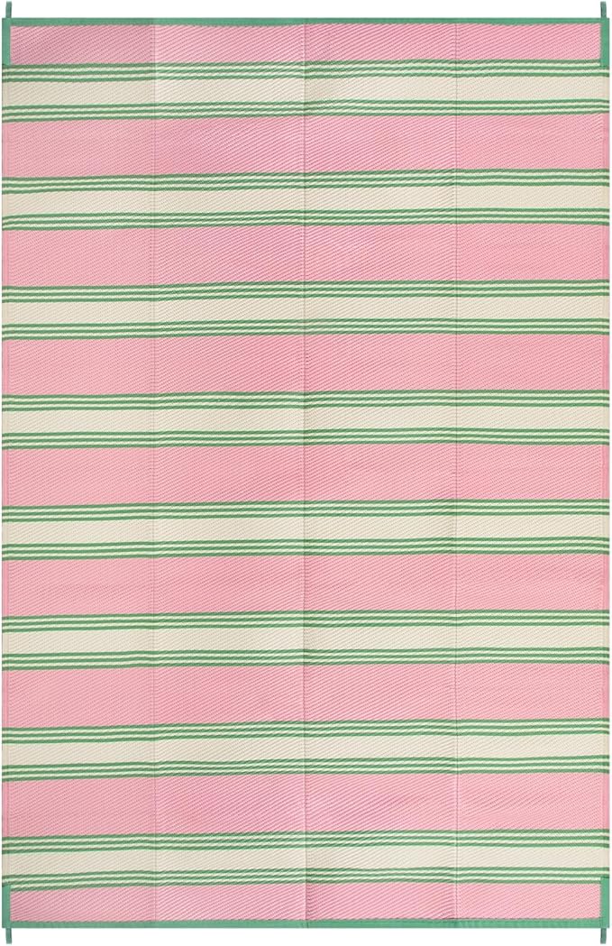 Lahome Striped Outdoor Rug Waterproof, 6x9 Reversible Outdoor Plastic Straw Rug for Camping, RV Patio Rugs Large Carpet for Porch Deck Backyard Balcony Picnic(Pink/Green,6'x 9')