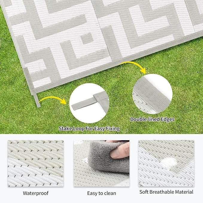 Outdoor Patio Plastic Straw Rug - 5'x8' Outdoor Camping Rug Waterproof Reversible, Area Carpet Patios Clearance RV, Outside Porch Balcony Deck for Camper, Grey & White