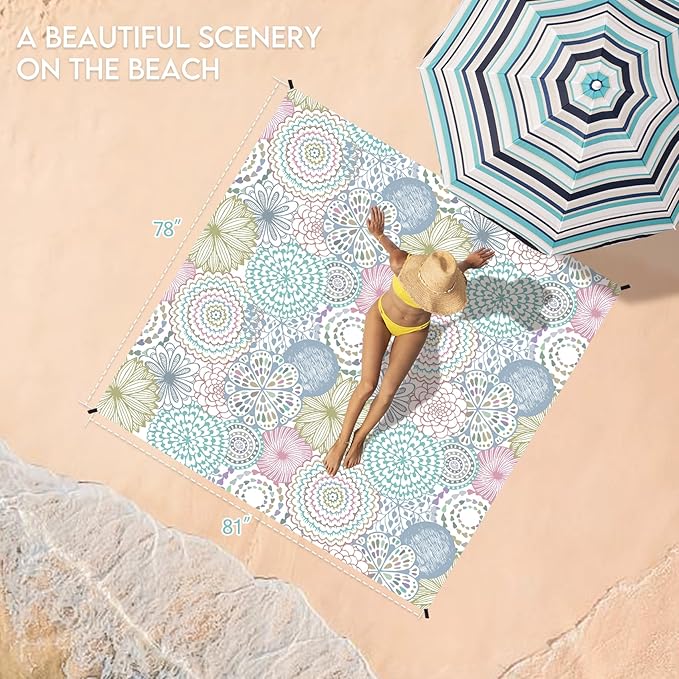 BYDOLL Beach Blanket 78''X81'' 4-7 Adults Oversized Lightweight Waterproof Sandproof Blanket for Beach Large Picnic Mat Travel Camping