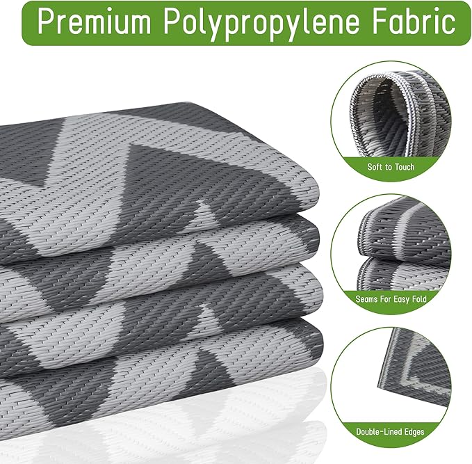 Easy-Going Reversible Outdoor Rugs 4x6ft Waterproof Plastic Straw Rug Stain & UV Resistant Floor Mat for Patio Porch RV Backyard Pool Deck Picnic Beach Trailer Camping (Waved Grey & Light Grey)