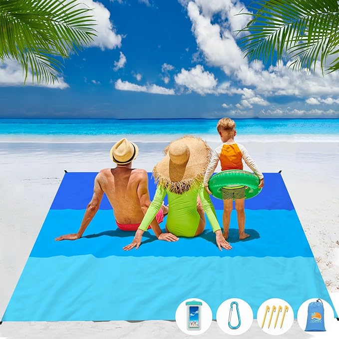 Beach Blanket Waterproof Sandproof 1-7 Adult Oversized 78 '' × 81 '' Lightweight Durable Compact Sand Free Beach Mat for Travel Camping Hiking Picnic Blanket