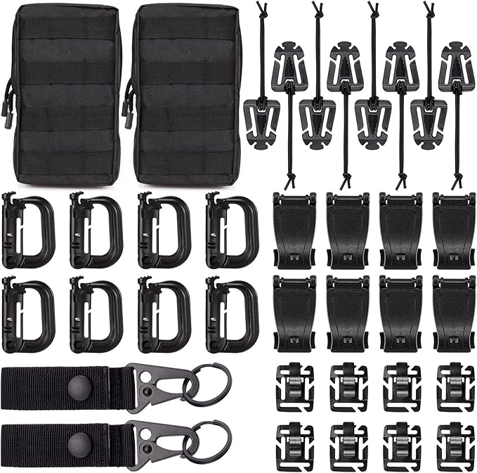 BOOSTEADY 36PCS Attachments for Tactical Backpack Vest Belt,D-Ring Grimloc Locking Gear Clip, Web Dominator Elastic Strings, Strap Management Tool Buckle,Hydration Tube Clips,Key Ring,MOLLE Bag
