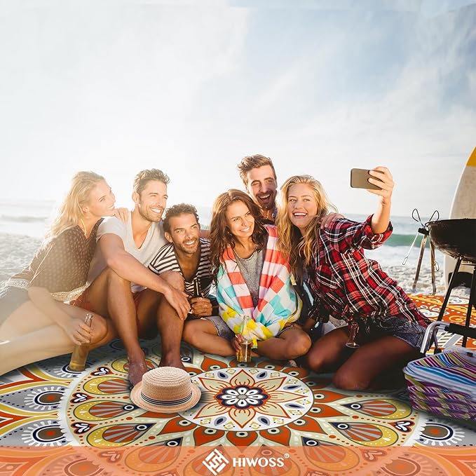 Beach Blanket Waterproof Sandproof Oversized 95”x 80”,Sand Free Beach Mat with Corner Pockets,Portable Mesh Bag for Beach Festival,Picnic,Travel and Outdoor Camping (Orangegrey)