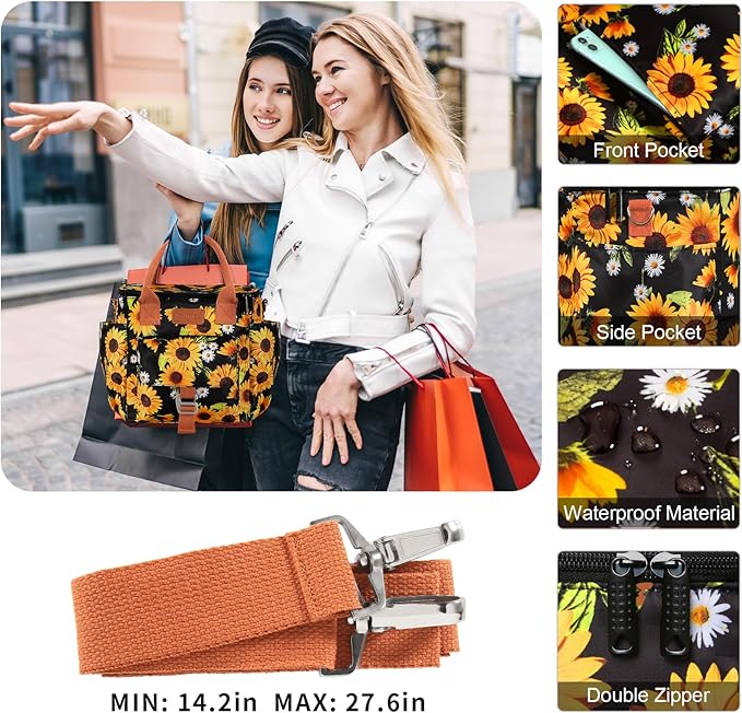 Joymee Insulated Lunch Bag for Women/Men, Waterproof Lunch Box for Office Work Picnic Beach, Reusable Large Leakproof Cooler Tote Bag with Adjustable Shoulder Strap & Side Pocket, Sunflower