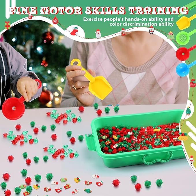 Christmas Sensory Bin with Lid, 317 Pcs Christmas Sensory Sand Kit with Christmas Toys Preschool Learning Activities Tools Box Outdoor Sandbox Toys Christmas Gift for Girls and Boy