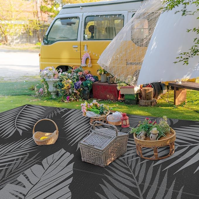 GENIMO Outdoor Rug 9' x 18' Waterproof for Patios Clearance, Reversible Outdoor Plastic Straw Camping Rug Carpet, Large Area Rugs Mats for RV, Camper, Deck, Balcony, Porch, Beach, Picnic, Black&Grey