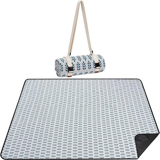 Picnic Blankets Washable | Beach Mat Sand Free Waterproof | Camping Blankets | Emergency Blankets | Picnic Baskets Accessories with Waterproof Backing and Shoulder Strap - BlueLeaf