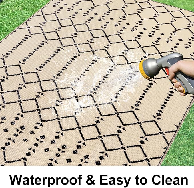 Smiry Outdoor Rug 9x12 ft, Waterproof Reversible Plastic Straw Rugs, Boho Outdoor Area Rug, Outside Floor Mat for Patio, Backyard, Deck, Picnic, Beach, Camping, Beige