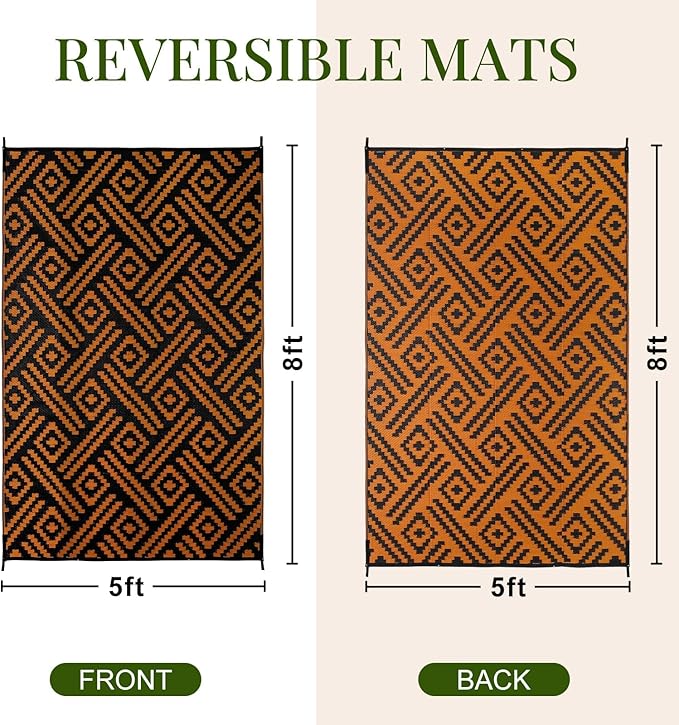 OPPODREAM Outdoor Rug 5x8 Ft, Waterproof Outdoor Plastic Straw Rug for Patio, Reversible Out Door Carpet for Camping, Deck, Rv, 5 x 8 Area Carpet for Balcony, Porch, Backyard, Black and Orange