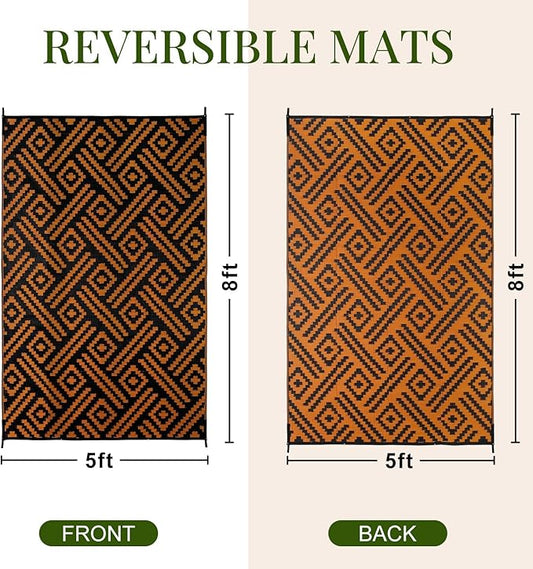 OPPODREAM Outdoor Rug 5x8 Ft, Waterproof Outdoor Plastic Straw Rug for Patio, Reversible Out Door Carpet for Camping, Deck, Rv, 5 x 8 Area Carpet for Balcony, Porch, Backyard, Black and Orange