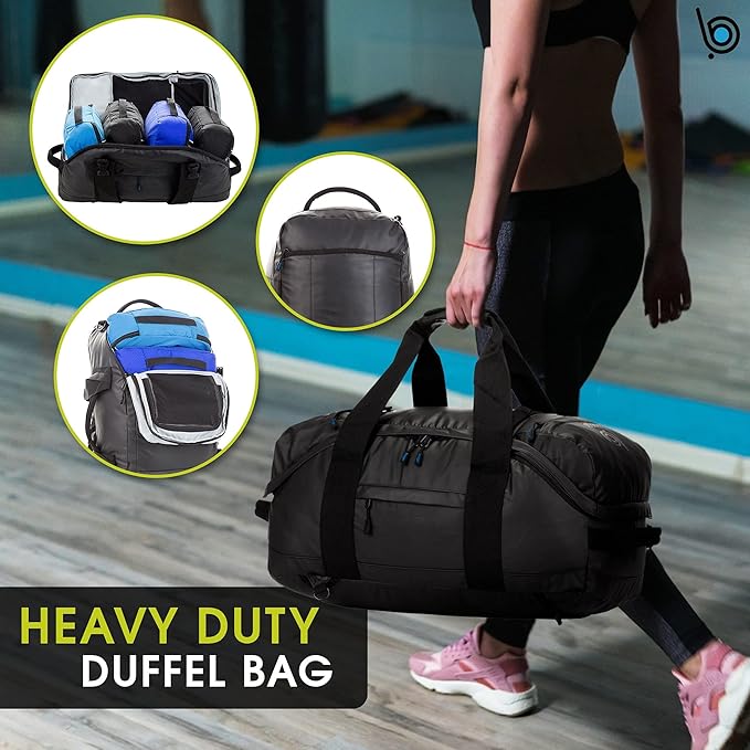 bago Waterproof Duffel Bag Backpack For Men & Women - 3 Way Duffel Backpack for Travel Camping Gear & Sports - Heavy Duty Travel Duffle Bag Backpack With Straps - Travel Backpack for Men (Black)