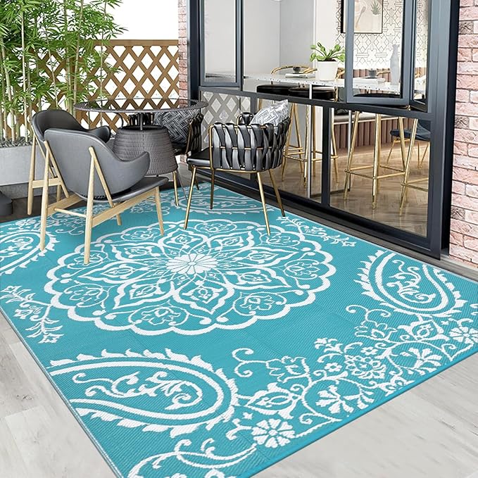 Pauwer Waterproof Outdoor Rug 5x8, Reversible Plastic Straw Patio Camping Rug, Indoor Outdoor RV Mat Carpet for Deck, Camper, Porch, Balcony, Backyard, Picnic, Boho Teal