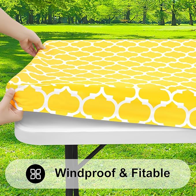 Smiry Rectangle Picnic Table Cover, Waterproof Elastic Fitted Camping Tablecloths for 8 Foot Tables, Wipeable Flannel Backed Vinyl Tablecloth Protector for Indoor, Outdoor (Yellow, 30x96 Inches)