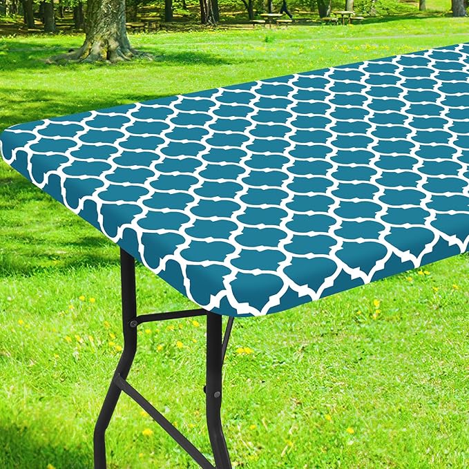 Smiry Rectangle Picnic Table Cover, Waterproof Elastic Fitted Camping Tablecloths for 8 Foot Tables, Wipeable Flannel Backed Vinyl Tablecloth Protector for Indoor, Outdoor (Turquoise, 36x96 Inches)