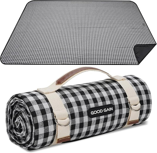 Picnic Outdoor Blankets Waterproof Extra Large - Beach Mat Sand Free Foldable with Carry Strap | Portable Camping Blanket | Park Blanket for Grass Park, Hiking, Travel, Concerts, Indoor (Black)
