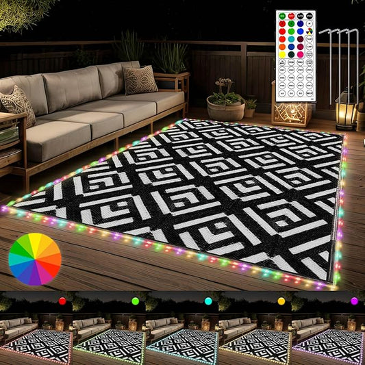 Outdoor Rug 5x8Ft, 16 Colors Plug in 160LEDs Waterproof Outdoor Rug, Waterproof Plastic Reversible Outdoor Straw Rug, Large Area Rug for RV Camping Deck Patio Beach Balcony Backyard Picnic