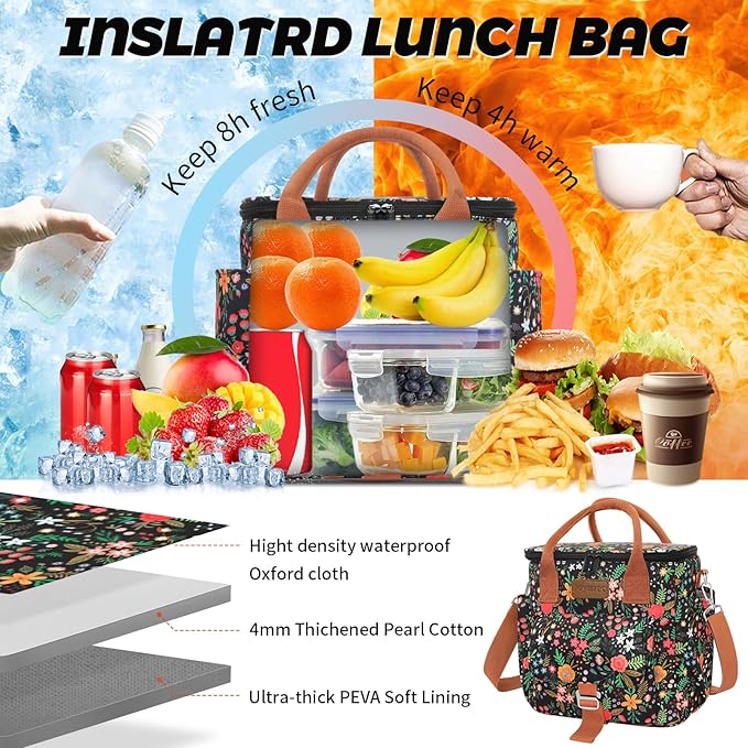 Joymee Large Insulated Lunch Bag for Women Adults, Reusable Waterproof Lunch Box for Work Picnic Camping, Small Lunch Cooler Leakproof Tote with Side Pocket Adjustable Shoulder Strap - Multi-Floral
