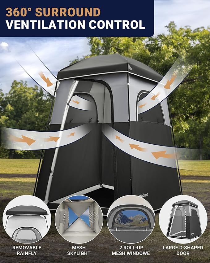 KingCamp Camping Shower Tent, Portable Outdoor Privacy Toilet & Changing Tent Windproof & Waterproof Easy Setup 1 or 2 Room Shelter with Shower Bag for Camping Hiking Beach