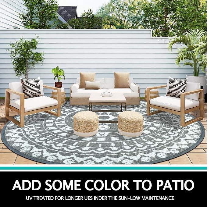 Capslpad 8Ft Round Outdoor Rug for Patios Clearance Reversible Mat Plastic Straw Patio Rugs Lightweight RV Camping Mat Circle Outside Area Rug Carpet for Balcony Deck Trailer Picnic BBQ, Grey