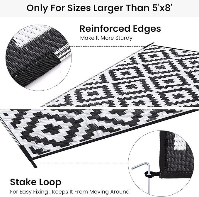 Smiry Waterproof Outdoor Rug 6x9 ft, Reversible Plastic Straw Patio Camping Rugs, Outdoor Indoor RV Mat Carpet for Patio, Outside Entry, Backyard, Deck, Bench, Picnic, Camper, Black & White