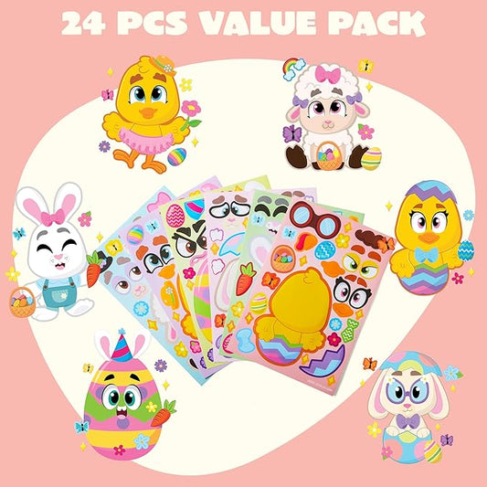 JOYIN 24 PCS Easter Match Make a Face Stickers with Easter Egg Themed Chick Bunny Sheep Egg Pattern, Stickers for Kids, Decorations for Water Bottle, Basket Stuffers, Classroom Gifts