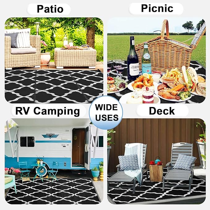 OutdoorLines Outdoor Plastic Area Rugs for Patio 5x8 ft - Reversible Outside Carpet, Stain & UV Resistant RV Mats, Straw Rug for Camping, Deck Garden, Porch and Balcony, Moroccan Black & Light Grey
