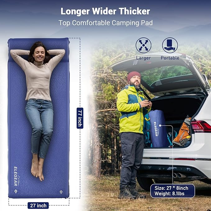 Elegear Self Inflating Sleeping Pad, 3.18'' Ultra-Thick Memory Foam Camping Pad with Pillow, 20s Fast Inflating Camping Mattress Pad, 4-Season Insulated Camp Sleeping Mat for Camping/Travel/Tent/Car