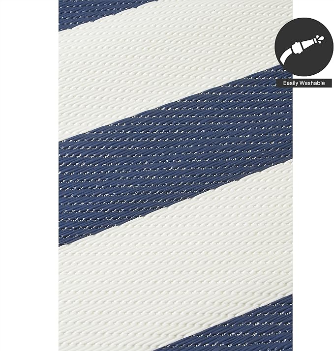 FH Home Outdoor Camping Rug - Waterproof, Fade Resistant, Reversible - Premium Recycled Plastic - Striped - Large Patio, Deck, Sunroom, RV - Brittany Stripe - Blue & White - 9 x 12 ft Foldable