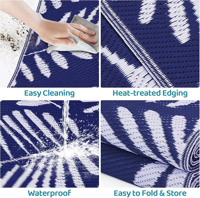 StepRite Outdoor Rug, Patio Rug, Plastic Straw Camping Rugs, Large Waterproof Area Rug and Mat for Outdoors, RV, Patio, Backyard, Deck, Porch, Beach, Balcony, (6'x 9', White & Blue)