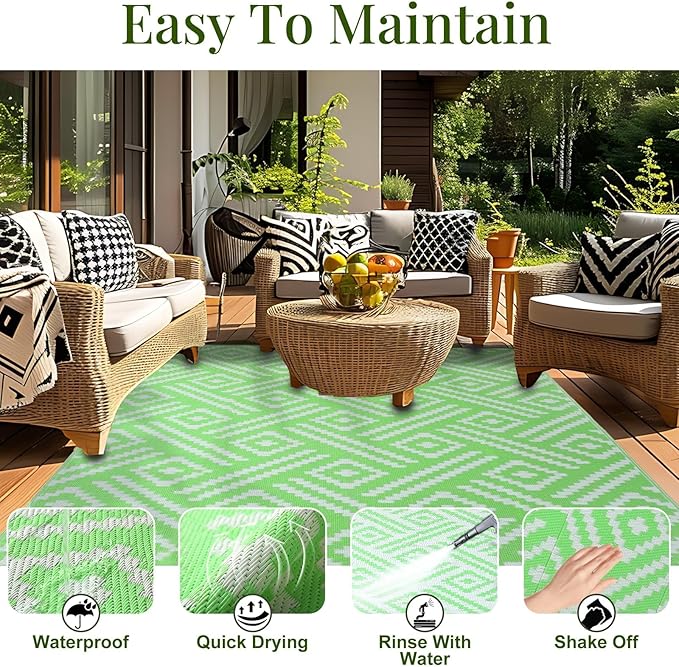OPPODREAM Outdoor Rug 8x10 Patio Waterproof, Large Outdoor Plastic Straw Rug, Reversible Out Door Carpet for Camping, Deck, Rv, 8 x 10 Area Carpet for Balcony, Porch, Backyard, White and Green