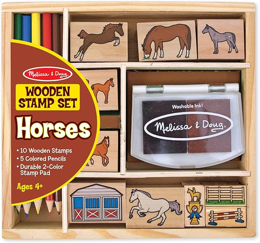 Melissa & Doug Wooden Stamp Activity Set: Horse Stable - 10 Stamps, 5 Colored Pencils, 2-Color Stamp Pad - Horse Stamps With Washable Ink, Horse Gifts For Girls And Boys Ages 4+