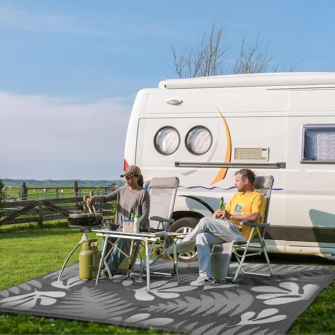 wikiwiki Outdoor Rug, 4x6ft Waterproof Reversible Mat Indoor Outdoor Rugs Carpet, Small Area Rug Plastic Straw Rug for Patio Deck Balcony Pool RV Camping Beach Picnic, Grey Leaves, Rugscape Series
