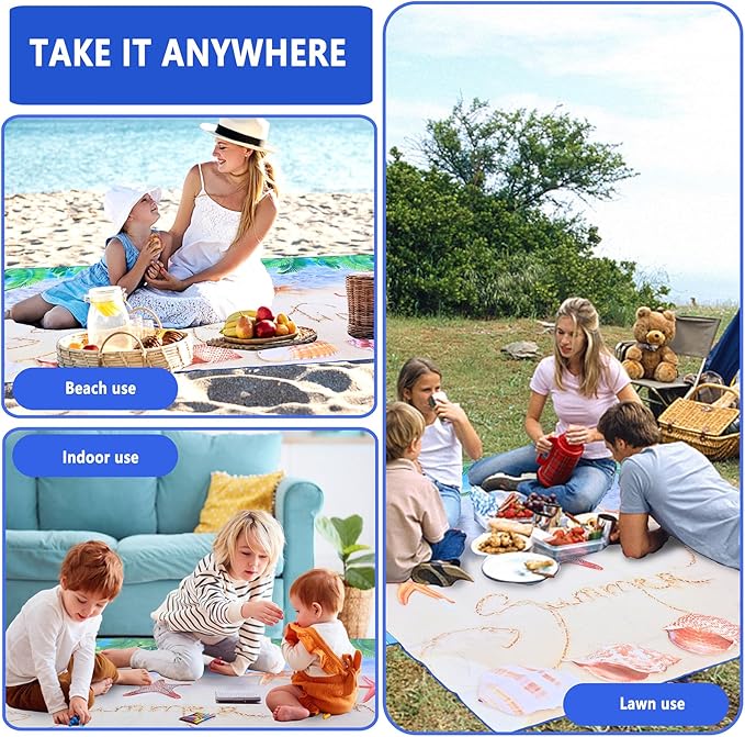 Picnic Blanket, Foldable Waterproof Sand Mat, Extra Large Picnic Blanket Outdoor Picnic Mat Beach Blanket for Park Grass Camping Hiking Travel Family Concerts