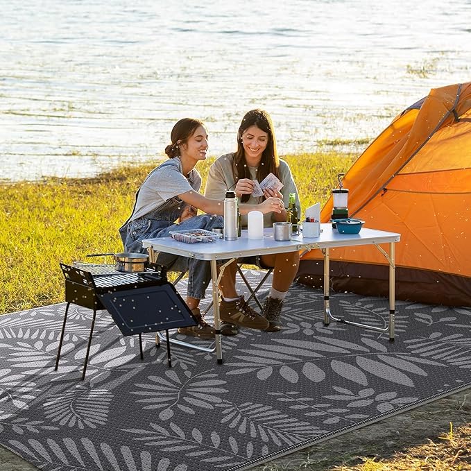 StepRite Outdoor Rug, Patio Rug, Plastic Straw Camping Rugs, Large Waterproof Area Rug and Mat for Outdoors, RV, Patio, Backyard, Deck, Porch, Beach, Balcony, (8'x 10', White&Gray)