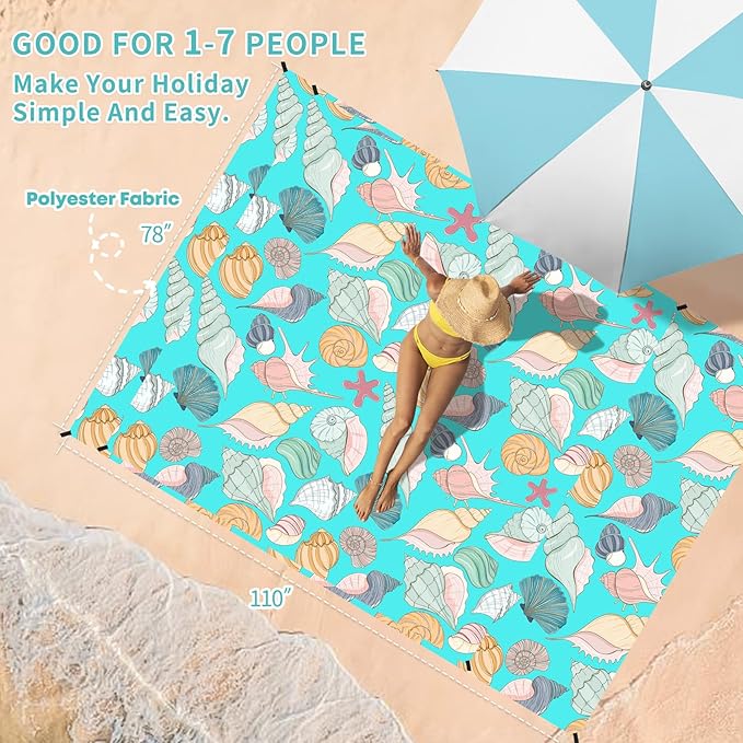 BYDOLL Beach Blanket Waterproof Sandproof 78''×110'' Suits1-7 Adults Compact Lightweight Oversized Sand-Free Blanket Large Picnic Mat for Beach Travel Camping Hiking