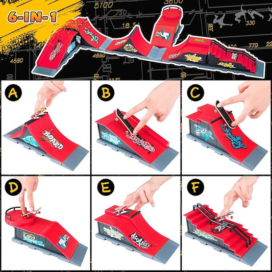 Fingerboard Skatepark Skate Park Kit, 6-in-1 Finger Skateboard Ramp Set Ultimate Parks Training Props with 6 Finger Skateboard 6 Finger Deck & Display Holder Finger Skate Toys for Kids Gifts